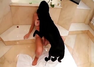 Hot housewife fucks a dog on the kitchen room floor